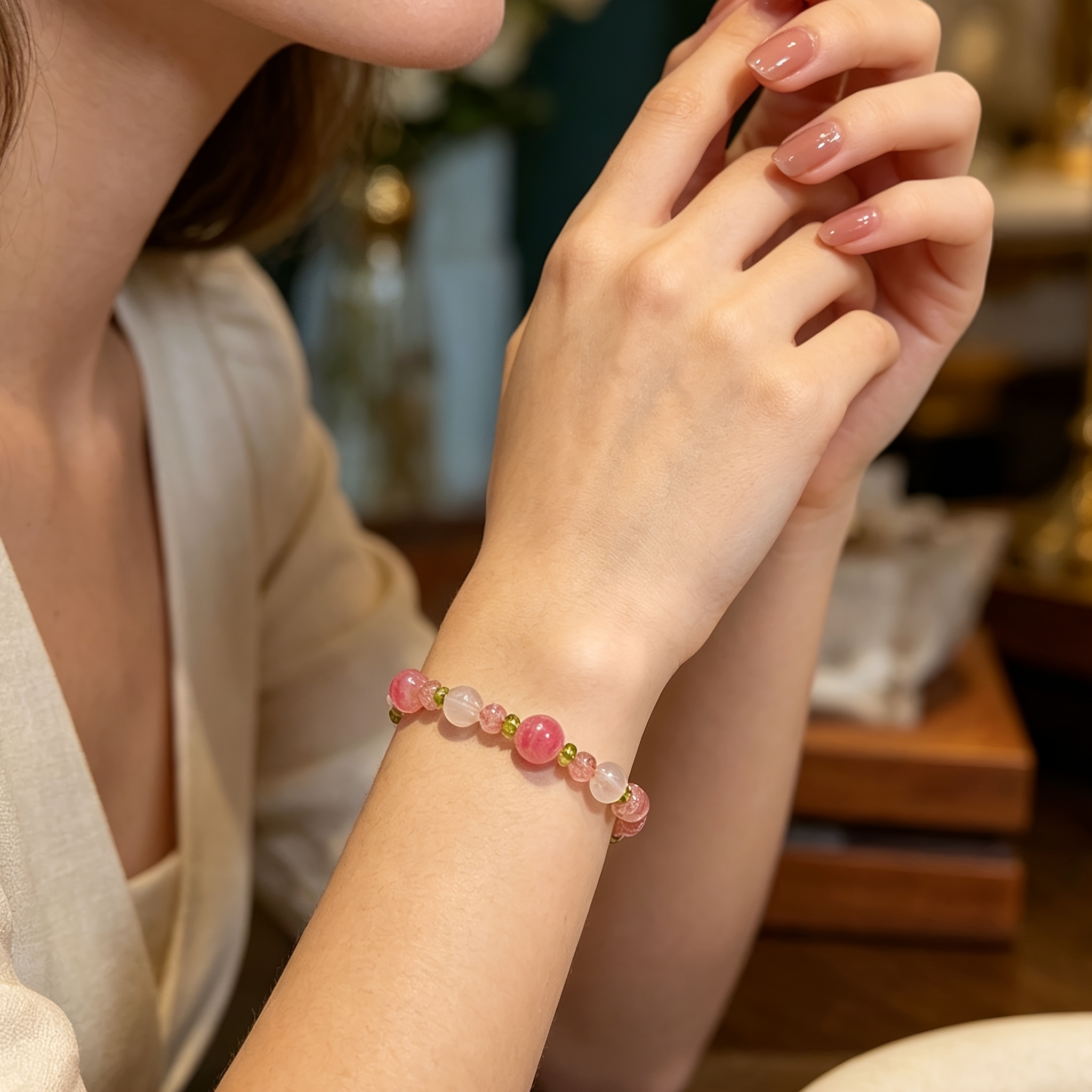 Women's Handmade Multi-Colour Stone Bead Bracelet, Pink & Green Quartz
